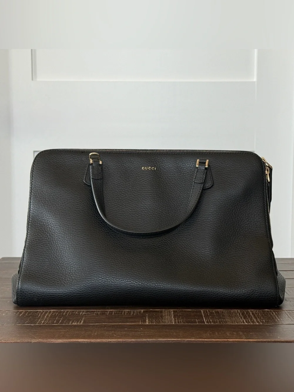 Gucci Black Pebbled Leather Duffel with Gold Hardware